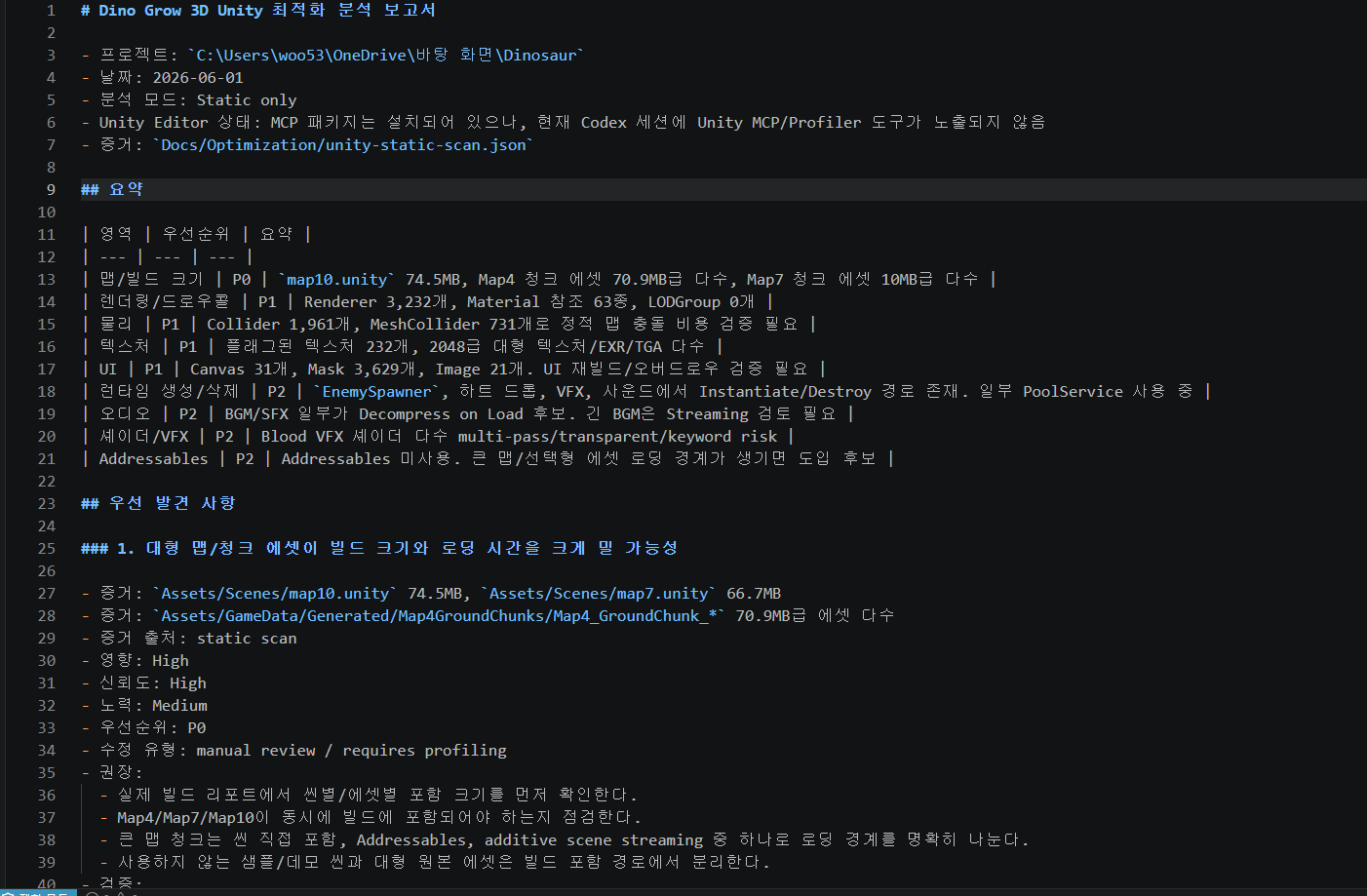 Unity optimization report summary